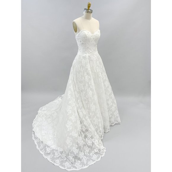US Bridal Size 4 (EU size 8) - Floral Lace Embroidered Strapless A-line Dress - Picture 2 of 5